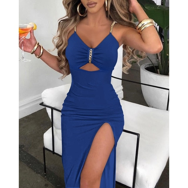 V-Neck Chain Décor Cutout Womens High Slit Dress