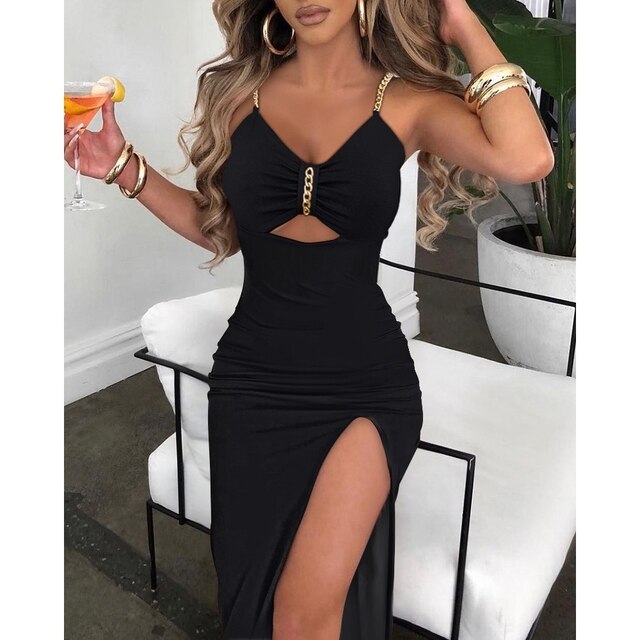 V-Neck Chain Décor Cutout Womens High Slit Dress