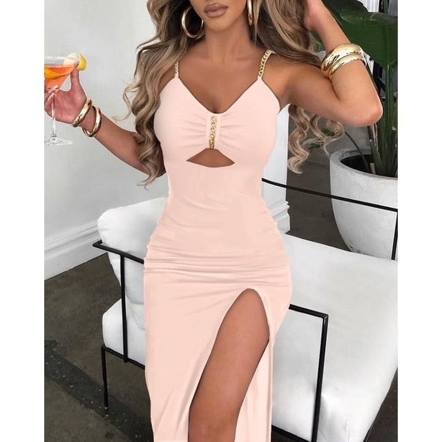 V-Neck Chain Décor Cutout Womens High Slit Dress