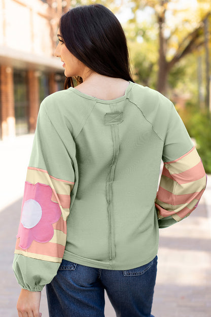 Smoke Green Flower Patchwork Raglan Sleeve Exposed Seam Oversized Top