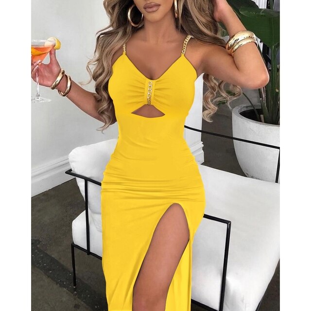 V-Neck Chain Décor Cutout Womens High Slit Dress