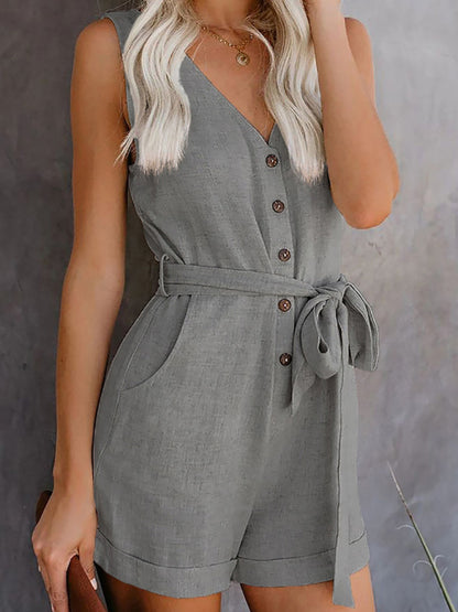 Women's Woven Fashion V-Neck Button-Up Sleeveless Jumpsuit