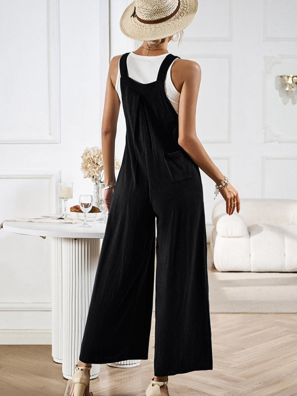 Women's solid color casual all-match loose wide-leg jumpsuit