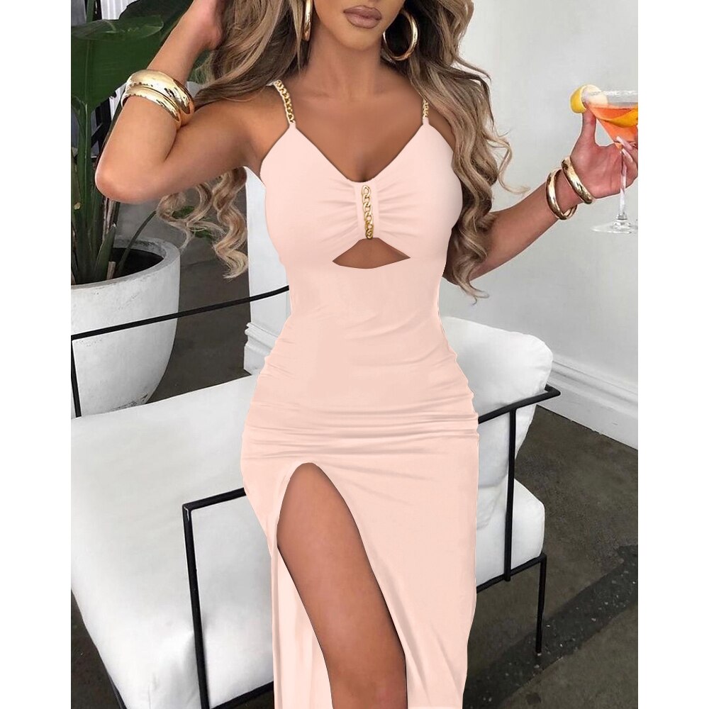 V-Neck Chain Décor Cutout Womens High Slit Dress